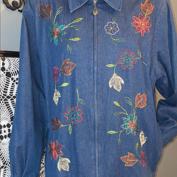 Alfred Dunner Blue Floral Embroidered Jean Jacket - Picture 2 of 5